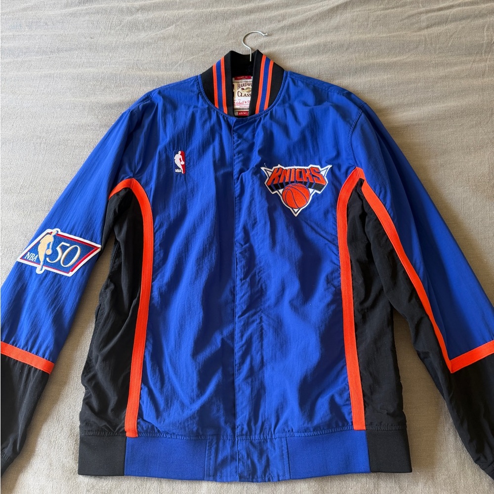 Mitchell & Ness Vintage Blue and Black Knicks Bomber Jacket